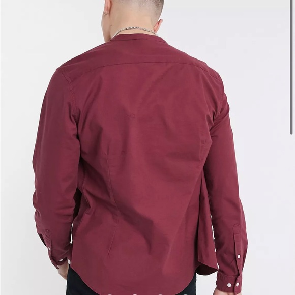 Button down skinny fit shirt with grandad collar in burgundy - Picture 4 of 4